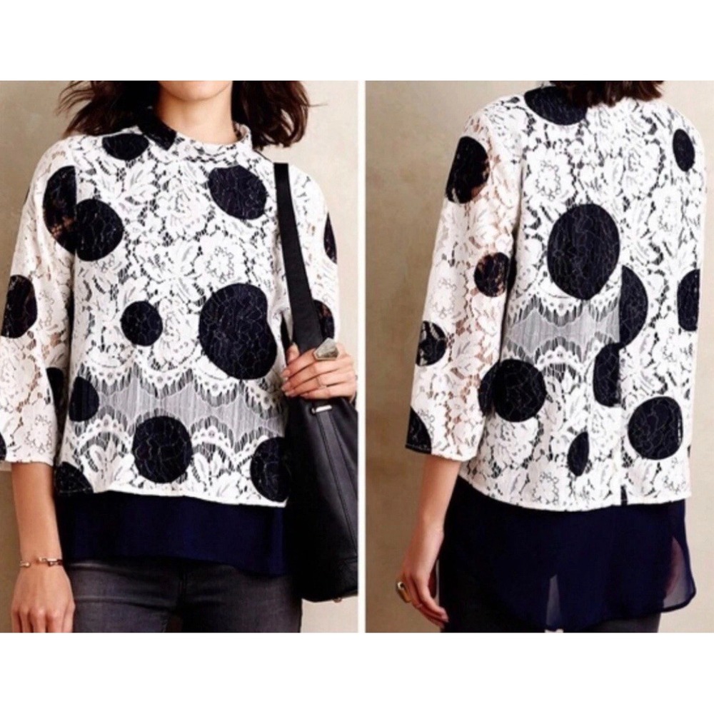 HD IN PARIS Romantic Lace Polka Dots Navy‎ Blue White Blouse Size 6